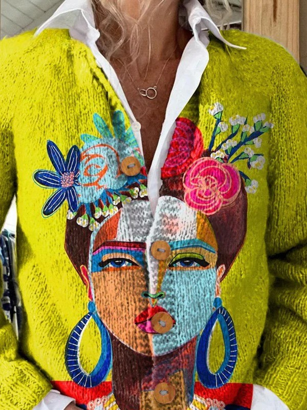 Strickjacke mit gemaltem Porträt-Kunstdruck und Knöpfen