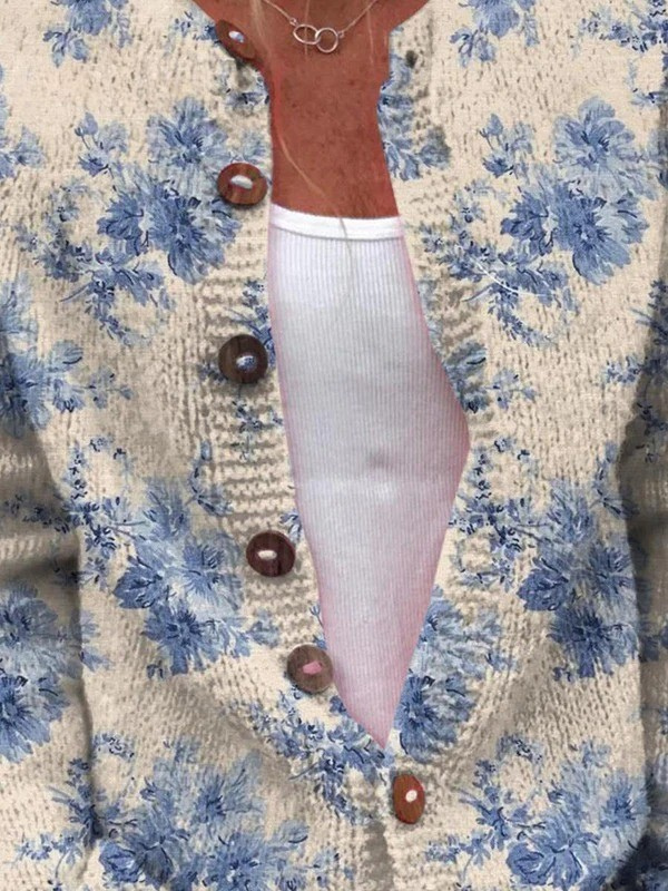 Strickjacke mit floralem Kunstdruck und Knöpfen