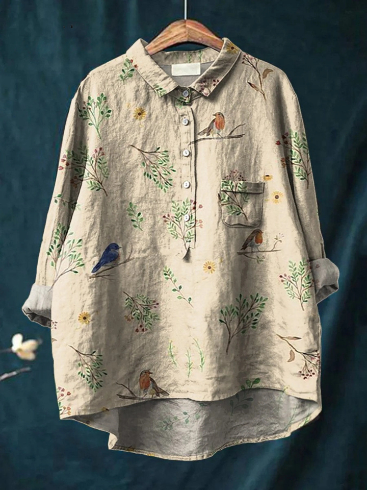 Ella-Lotte | Legere Damenbluse mit Zweig- und Rotkehlchenprint