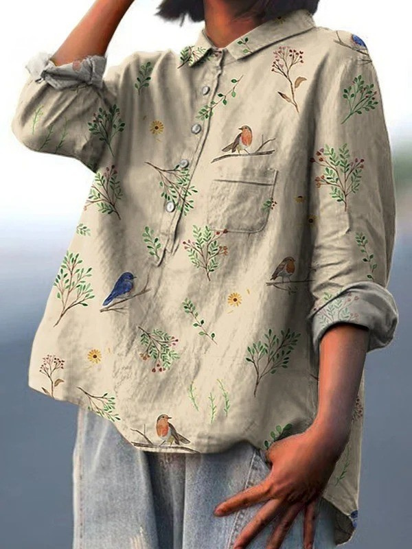 Ella-Lotte | Legere Damenbluse mit Zweig- und Rotkehlchenprint