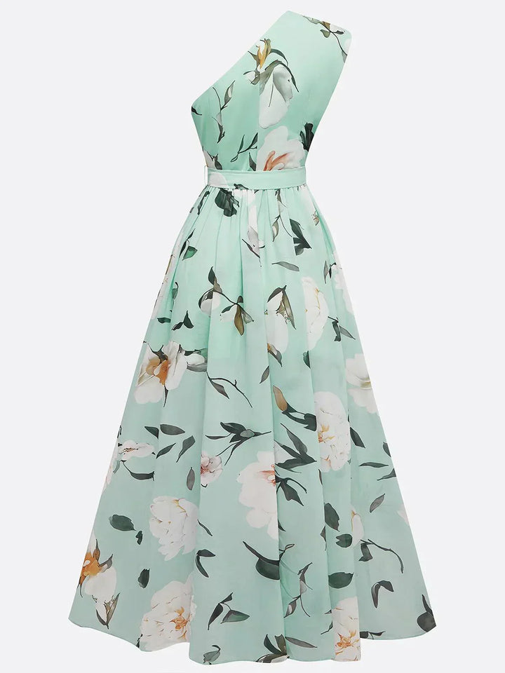 Amelie | Maxikleid Chiffon mit Blumenmuster mit freien Schultern hellgrün