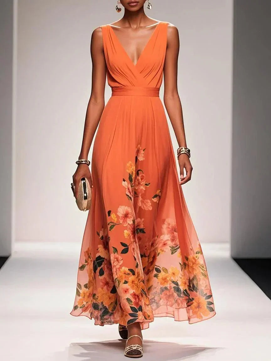 Paula | Maxikleid aus Chiffon mit Blumen hellblau und V-Ausschnitt