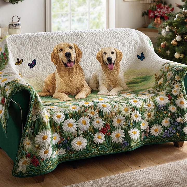 Gesteppter Sofabezug – mit Golden Retriever und Gänseblumen