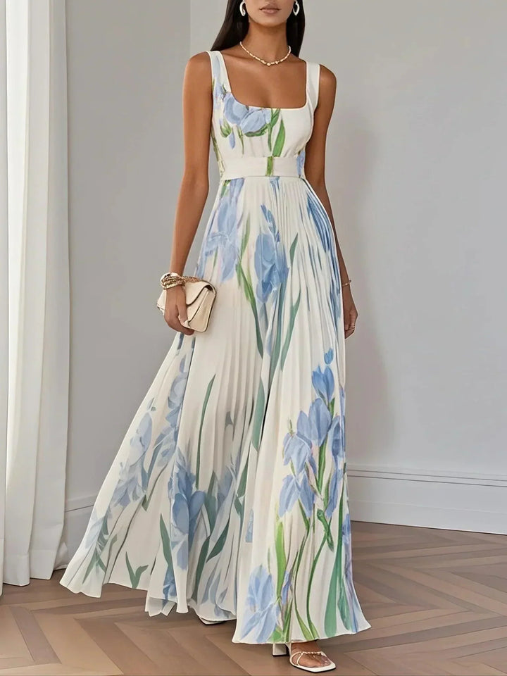Ingrid | Maxikleid Chiffon mit Blumenmuster plissiert weiß