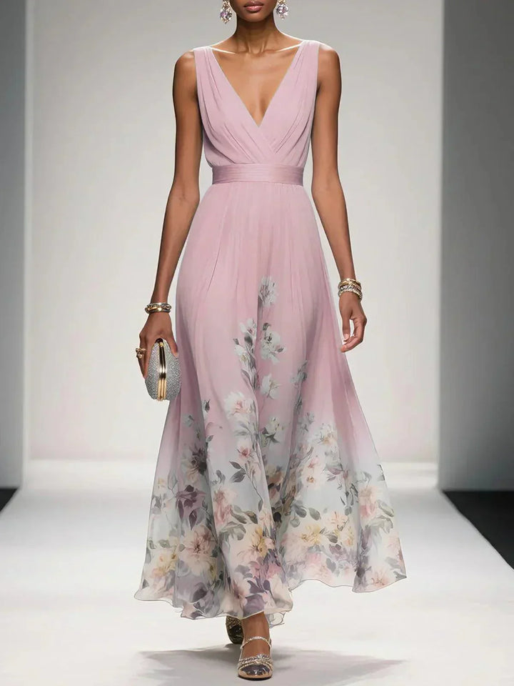 Paula | Maxikleid aus Chiffon mit Blumen hellblau und V-Ausschnitt